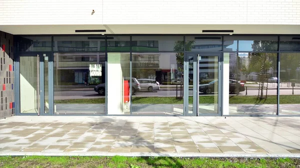 Panoramic windows of new commercial premises. Commercial property in development standard for rent.