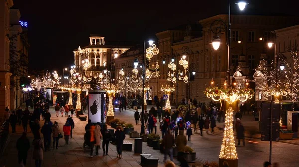 Varsóvia Polónia Dezembro 2020 Vista Noturna Rua Histórica Decoração Natal — Fotografia de Stock