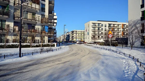 Warsaw Poland January 2021 Modern Residential Area Frosty Winter Morning — Stock Photo, Image