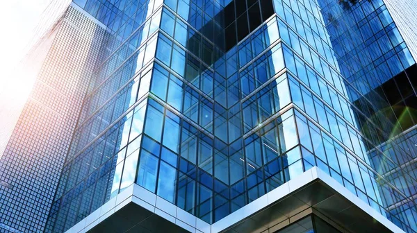 Företagsarkitekturen Centrum Glas Reflekterande Kontorsbyggnader Mot Blå Himmel Och Solljus — Stockfoto