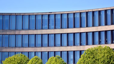 Modern şehir merkezindeki ofis binası yeşil ağaçlarla çevrili. Dışarıdaki yüzey penceresi açık mavi gökyüzünü yansıtıyor. İş yeri inşaatı ve yeşil ağaçlar, iş ve doğa konsepti. 