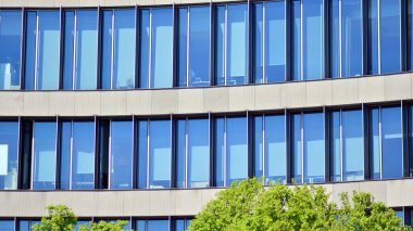 Modern şehir merkezindeki ofis binası yeşil ağaçlarla çevrili. Dışarıdaki yüzey penceresi açık mavi gökyüzünü yansıtıyor. İş yeri inşaatı ve yeşil ağaçlar, iş ve doğa konsepti. 