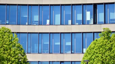 Modern şehir merkezindeki ofis binası yeşil ağaçlarla çevrili. Dışarıdaki yüzey penceresi açık mavi gökyüzünü yansıtıyor. İş yeri inşaatı ve yeşil ağaçlar, iş ve doğa konsepti. 