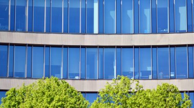 Modern şehir merkezindeki ofis binası yeşil ağaçlarla çevrili. Dışarıdaki yüzey penceresi açık mavi gökyüzünü yansıtıyor. İş yeri inşaatı ve yeşil ağaçlar, iş ve doğa konsepti. 