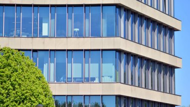 Modern şehir merkezindeki ofis binası yeşil ağaçlarla çevrili. Dışarıdaki yüzey penceresi açık mavi gökyüzünü yansıtıyor. İş yeri inşaatı ve yeşil ağaçlar, iş ve doğa konsepti. 