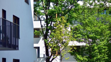 Şehir merkezinde simetrik modern mimarisi olan apartman ve apartman..