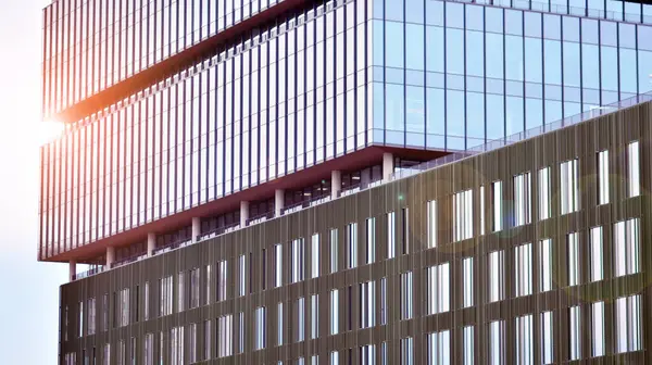 Fragment Facade Facade Texture Glass Mirrored Office Building Light Sunrise — Stock Photo, Image