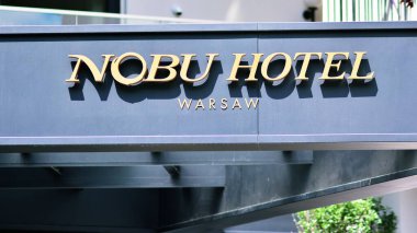 Warsaw, Poland. 9 June 2021. Sign Nobu Hotel. Company signboard  Nobu Hotel 