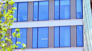 Çevre mimarisi. Yeşil ağaç ve cam ofis binası. Doğanın ve modernliğin ahengi.