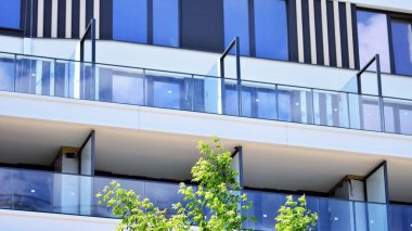 Çevre mimarisi. Yeşil ağaç ve apartman. Doğanın ve modernliğin ahengi.