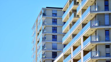 Çevre mimarisi. Yeşil ağaç ve apartman. Doğanın ve modernliğin ahengi.