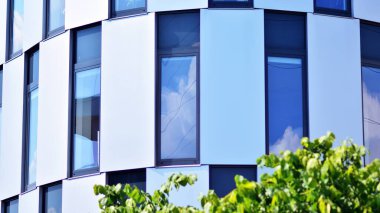 Çevre mimarisi. Yeşil ağaç ve cam ofis binası. Doğanın ve modernliğin ahengi.