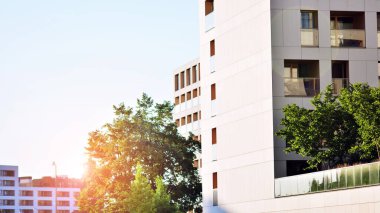 Çevre mimarisi. Yeşil ağaç ve apartman. Doğanın ve modernliğin ahengi.