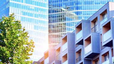 Çevre mimarisi. Yeşil ağaç ve apartman. Doğanın ve modernliğin ahengi.