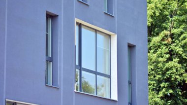 Çevre mimarisi. Yeşil ağaç ve cam ofis binası. Doğanın ve modernliğin ahengi.