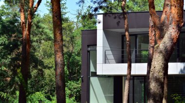 Çevre mimarisi. Yeşil ağaçlar ve ormandaki modern bekar aile binaları. Doğanın ve modernliğin ahengi.