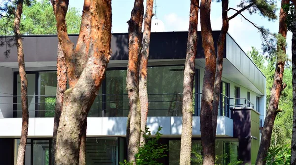 Architektura Ekologiczna Zielone Drzewa Nowoczesny Budynek Jednorodzinny Lesie Harmonia Natury — Zdjęcie stockowe