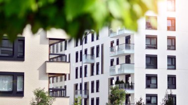 Çevre mimarisi. Yeşil ağaç ve yeni apartman. Doğanın ve modernliğin ahengi.