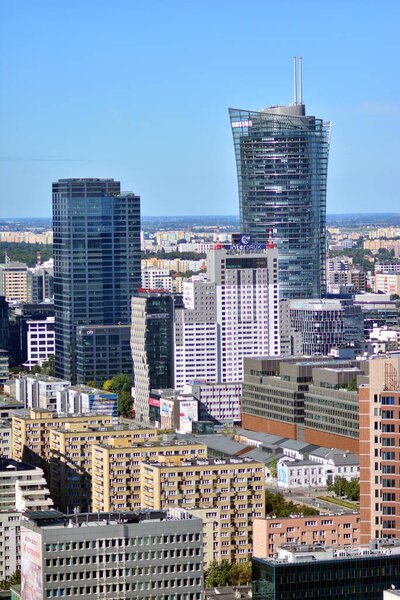 Warsaw, Poland. 5 September 2021. Aerial cityscape of Warsaw city from viewing tarrace located on the 30th floorof Palace of Culture and Science.