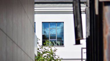 Sanayi sonrası yeniden canlandırılmış bir binanın yüksekliği. Pencereli beyaz duvar 