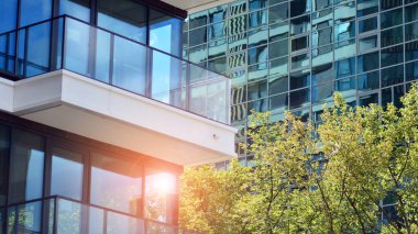 Çevre mimarisi. Yeşil ağaç ve yeni apartman. Doğanın ve modernliğin ahengi.