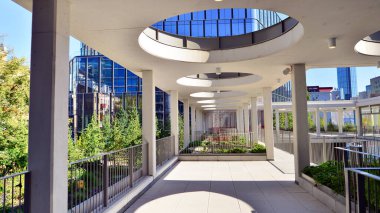 Modern luxury office building.The structure features a glass and concrete walls, showcasing contemporary architecture. The green surroundings of office buildings. Trees and shrubs in the city.