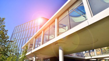 Modern luxury office building.The structure features a glass and concrete walls, showcasing contemporary architecture. The green surroundings of office buildings. Trees and shrubs in the city.