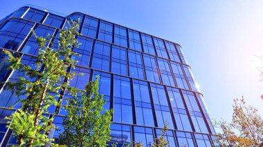 Modern luxury office building.The structure features a glass and concrete walls, showcasing contemporary architecture. The green surroundings of office buildings. Trees and shrubs in the city.