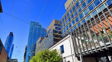 Modern luxury office building.The structure features a glass and concrete walls, showcasing contemporary architecture. The green surroundings of office buildings. Trees and shrubs in the city.