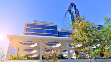 Modern luxury office building.The structure features a glass and concrete walls, showcasing contemporary architecture. The green surroundings of office buildings. Trees and shrubs in the city.