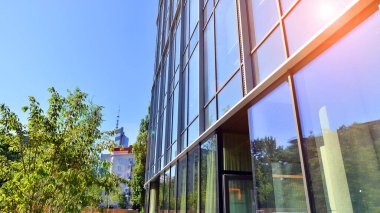 Modern luxury office building.The structure features a glass and concrete walls, showcasing contemporary architecture. The green surroundings of office buildings. Trees and shrubs in the city.