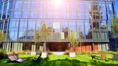 Modern luxury office building.The structure features a glass and concrete walls, showcasing contemporary architecture. The green surroundings of office buildings. Trees and shrubs in the city.