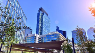 Modern luxury office building.The structure features a glass and concrete walls, showcasing contemporary architecture. The green surroundings of office buildings. Trees and shrubs in the city.