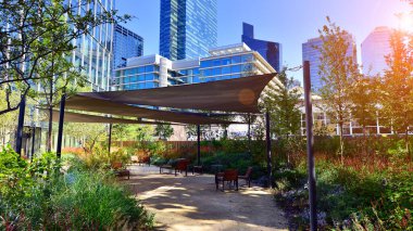 Modern luxury office building.The structure features a glass and concrete walls, showcasing contemporary architecture. The green surroundings of office buildings. Trees and shrubs in the city.
