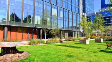Modern luxury office building.The structure features a glass and concrete walls, showcasing contemporary architecture. The green surroundings of office buildings. Trees and shrubs in the city.