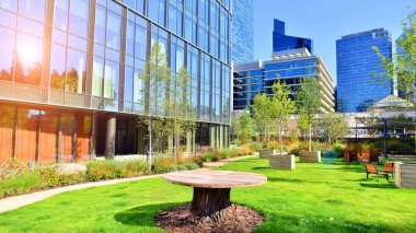 Modern luxury office building.The structure features a glass and concrete walls, showcasing contemporary architecture. The green surroundings of office buildings. Trees and shrubs in the city.