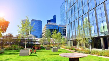 Modern luxury office building.The structure features a glass and concrete walls, showcasing contemporary architecture. The green surroundings of office buildings. Trees and shrubs in the city.