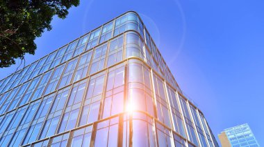 Modern luxury office building.The structure features a glass and concrete walls, showcasing contemporary architecture. The green surroundings of office buildings. Trees and shrubs in the city.