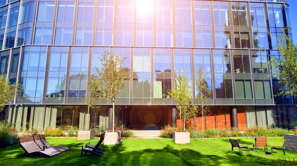 Modern luxury office building.The structure features a glass and concrete walls, showcasing contemporary architecture. The green surroundings of office buildings. Trees and shrubs in the city.