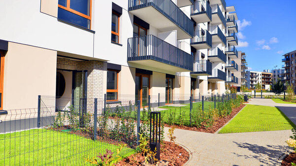 Сад современного жилого дома с зеленым лавровым покрытием и местом для отдыха. Сад.