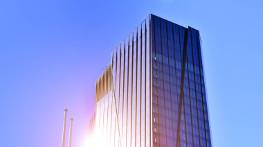 Bir iş bölgesindeki modern yüksek binaların dış cephesi. Büyük ofis binaları. Cam cepheli gökdelenler. Modern iş bölgesi.