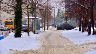 Varşova, Polonya. 15 Ocak 2026. Kış, Varşova şehir merkezinde park halinde.