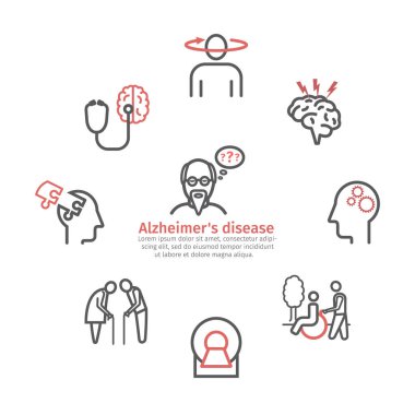 Alzheimer's disease and dementia. Symptoms, Treatment. Line icons set. Vector signs for web graphics. clipart