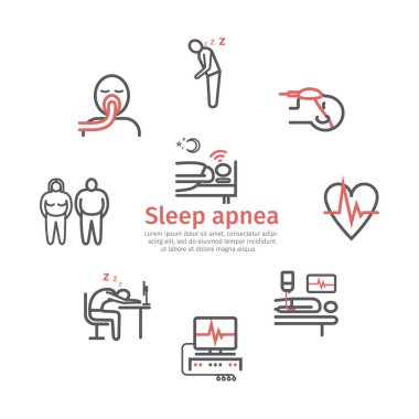 Sleep Apnea. Symptoms, Treatment. Line icons. Vector signs for web graphics clipart