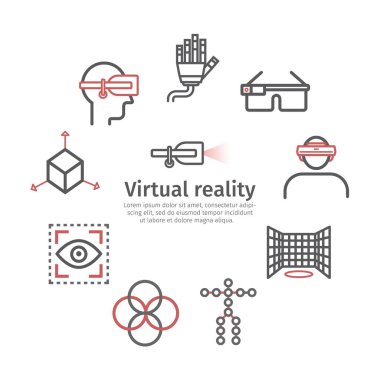 Sanal gerçeklik VR aygıtları. Satır simgeleri ayarlandı. Web grafikleri için vektör işaretleri