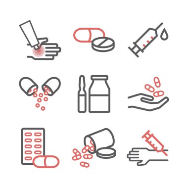 İlaç hapları. Tıbbi malzeme ikonları ayarlandı. Web grafikleri için vektör işareti.