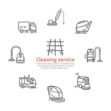 Endüstri Temizlik Servisi. İşçi. Elektrikli süpürge. Süpürge Makineleri. İnce simge seti. Vektör illüstrasyonu
