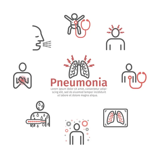 Pneumonia Symptoms Treatment Line Icons Set Vector Signs Web Graphics — Stock Vector