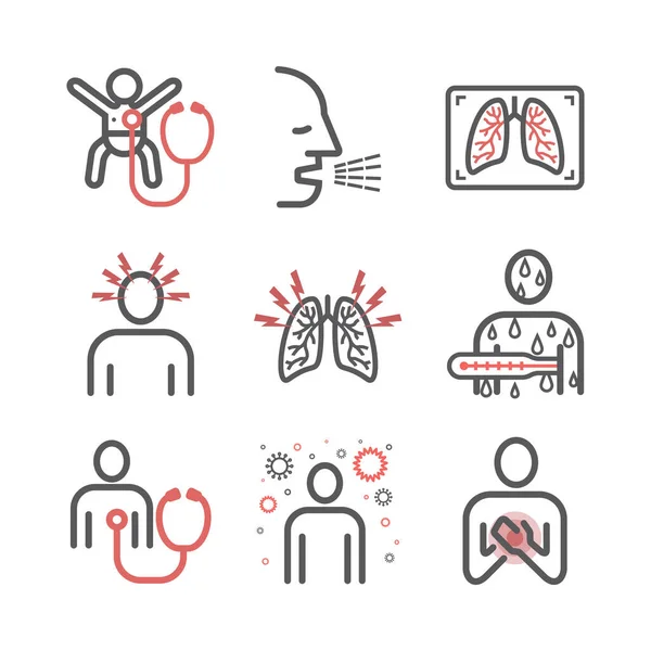肺炎症状 线图标设置 用于网络图形学的矢量符号 — 图库矢量图片