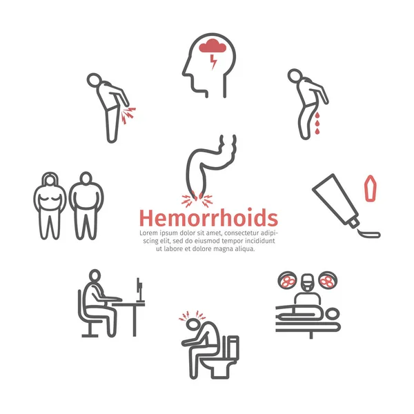 Icono Línea Hemorroides Infografías Síntomas Tratamiento Signos Vectoriales Para Gráficos — Vector de stock